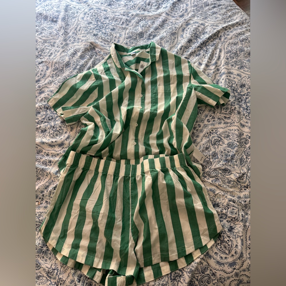 NWT Old Navy Green and White Striped PJ Set.